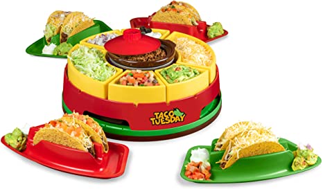 Nostalgia Taco Tuesday Heated Lazy Susan Topping Bar Perfect for Burritos, Nachos, Fajitas, 20-Oz. Warming Pot, Includes 4 Tortilla Holders, Red