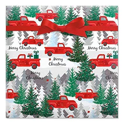 Red Truck Jumbo Rolled Gift Wrap- Giant Roll of Fun Holiday Gift Wrap, 67 Square Feet