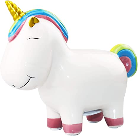 Lovely Rainbow Unicorn Piggy Bank for Kids, Cute Ceramic Coin Bank Money Bank Saving Coin Box for Girls Boys, Great for Room and Party Decor, Great Christmas Banks Gift Toy for Kid Children (White)