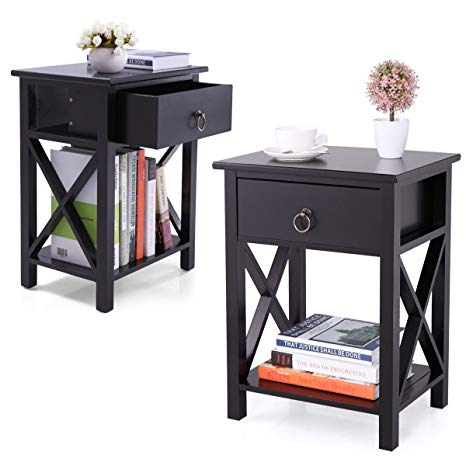 JAXPETY Set of 2 Black Finish X-Design Side End Table Night Stand Storage Shelf w/Bin