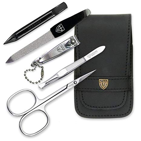 3 Swords Germany - brand quality 5 piece manicure pedicure grooming kit set for professional finger & toe nail care scissors clipper genuine leather case in gift box, Made in Solingen Germany (71103)