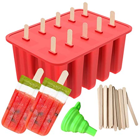 Popsicle Molds, Ouddy 10-Cavity Silicone Homemade Ice Pop Molds & A Silicone Funnel with 50 Pcs Wooden Sticks, Red