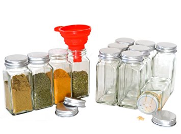 Clear Glass Spice Jars, 4 Oz Square with Silicon Funnel - Case of 12