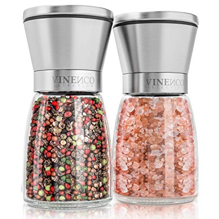 Salt and Pepper Mill Set with Ceramic Grinder – 2 Refillable Empty Design Spices Crushers I Stainless Steel Manual Herbs Dispenser   Glass Pots with Adjustable Ceramic Grinders I Coarse & Fine