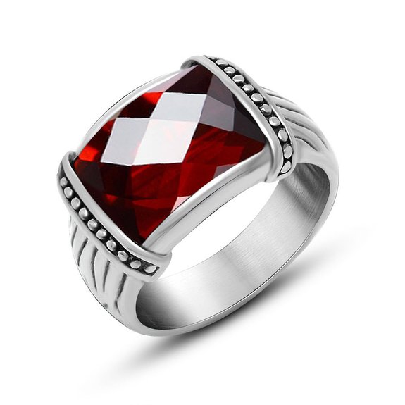 FANSING Jewelry Mens Red Faux Garnet Rings Stainless Steel Ring
