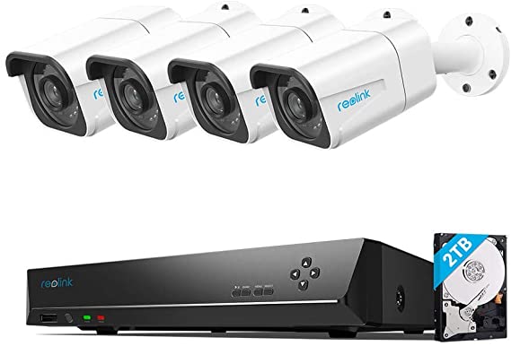 Reolink 4K Ultra HD PoE Security Camera System, 4pcs Wired 8MP Outdoor PoE IP Cameras, H.265 8MP 8-Channel NVR with 2TB HDD Video Surveillance System for 24/7 Recording | RLK8-800B4