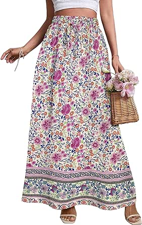 Zeagoo Women's 2024 Boho Floral Skirt Casual Elastic High Waist Maxi Skirts Flowy A Line Beach Long Skirt with Side Pockets