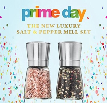 Salt and Pepper grinder set. Elegant Salt and Pepper Shakers. Adjustable Coarseness Spice Grinder.Easy to fill Salt Shaker and Peppercorns Grinder. Brushed Stainless Steel Salt Pepper Mill -FREE BONUS
