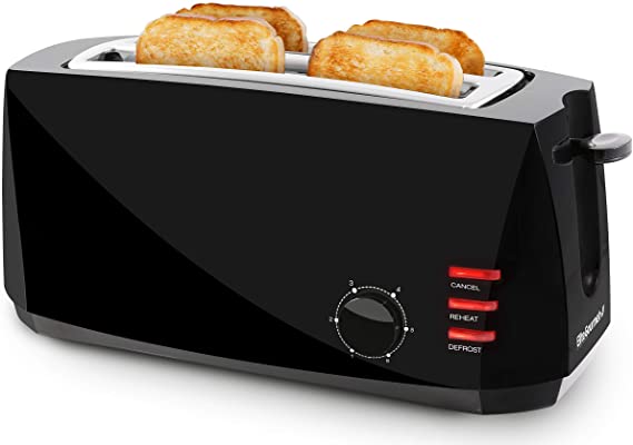 Elite Gourmet ECT-4829B Long, 6 Toast Settings Toaster Defrost, Reheat, Cancel Functions, Slide Out Crumb Tray, Extra Wide Slots for Bagel Waffles, 4-Slice, Black