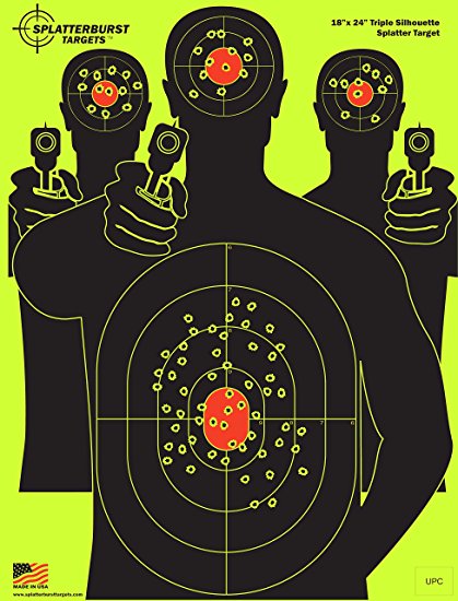 Splatterburst Targets - 18 x 24 inch - Triple Silhouette Reactive Shooting Target - Shots Burst Bright Fluorescent Yellow Upon Impact - Gun - Rifle - Pistol - AirSoft - BB Gun - Air Rifle