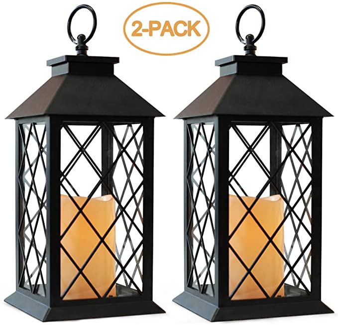 Bright Zeal 2-Pack 14" Vintage Candle Lantern With LED Flickering Flameless Candle (Black, 6hr Timer) - Battery Powered Candle Lantern Outdoor - Decorative Hanging Lantern For Patio - Tabletop Lantern