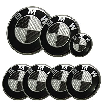 Afauto 7pcs BMW Black/Silver Carbon Fiber Style Emblem Logo Badge Set 73/82mm