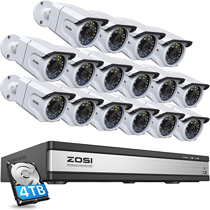 ZOSI 16 Channel 4K PoE Security Camera System 4TB,16pcs H.265 4K 8MP Outdoor Audio PoE IP Security Cameras,Color Night Vision,Human Detection,Smart Light Alarm,8MP/4K 16CH NVR for 24-7 Recording