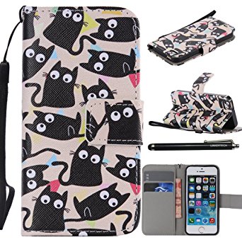 iPhone SE Case, Linkertech [Stand Feature] PU Leather Wallet Case Flip Protective Cover with Card Slots & Wrist Strap for Apple iPhone 5 / 5S / SE (Cats)