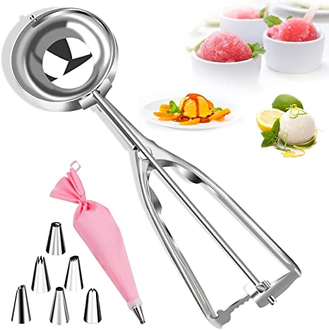 Ice Cream Scoop Trigger, Stainless Steel Ice Cream Scooper with Trigger Release, Metal Scoop Ice Cream Cookie Scoop Muffin Scoop Fruit Melon Baller, Piping Bag & Tips Set Gift for Kids Family (Large)