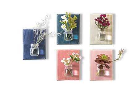 WOOD MEETS COLOR Hanging Vase On the Wall, A set of five Boards(Including Nails and Ropes, No Flower) (Pink Light-pink Ocean-blue Dark-blue White-blue)