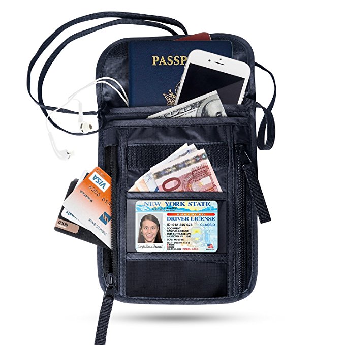 Passport Holder FREETOO RFID Neck Stash Travel Wallet Pouch for Security Black