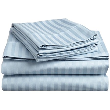 100% Premium Combed Cotton 300 Thread Count, Twin XL 3-Piece Bed Sheet Set, Deep Pocket, Single Ply, Sateen Stripe, Light Blue