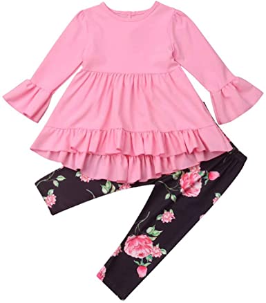 2Pcs Kids Toddler Girls Flare Sleeve Ruffle Shirt Top Dress Love Heart Leggings Pants Valentine's Day Outfit Clothes Set