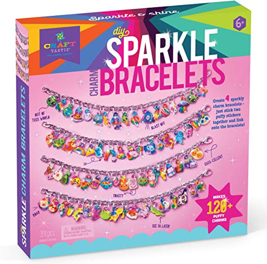 Craft-tastic – Sparkle Charm Bracelets – Craft Kit Makes 4 Customizable Bracelets with DIY Puffy Sticker Glitter Charms