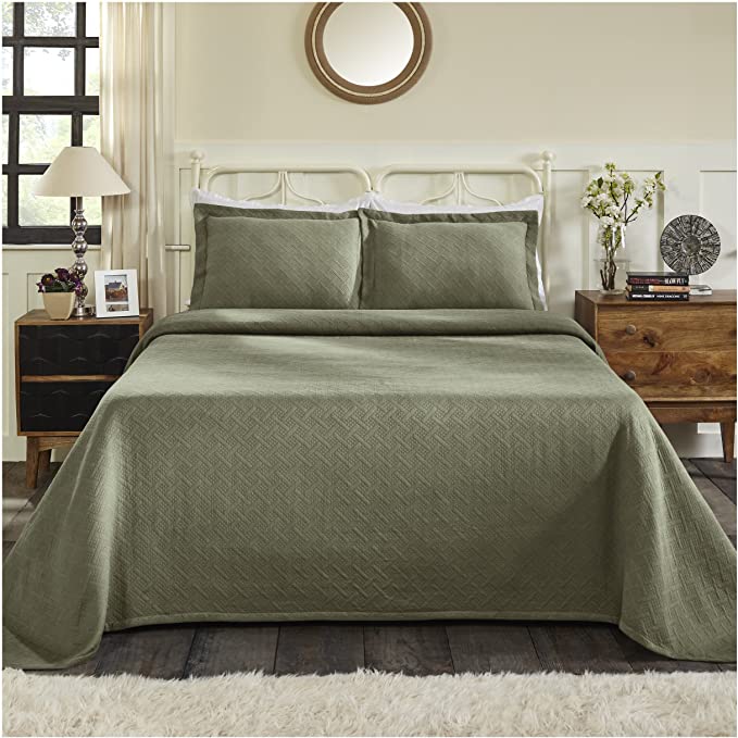 Superior 100% Cotton Basket Weave Bedspread with Shams, All-Season Premium Cotton Matelassé Jacquard Bedding, Quilted-look Geometric Basket Pattern - King, Sage