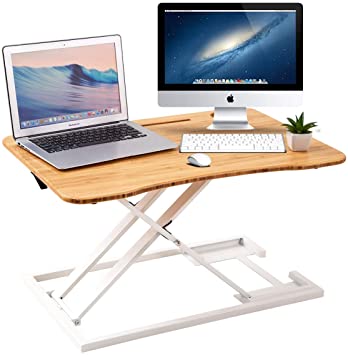 ZHU CHUANG Stand Up Desk Standing Desk Converter Gas Spring Sit Stand Desk Workstation Sit to Stand Desk Riser 100% Solid Bamboo Desktop (White)