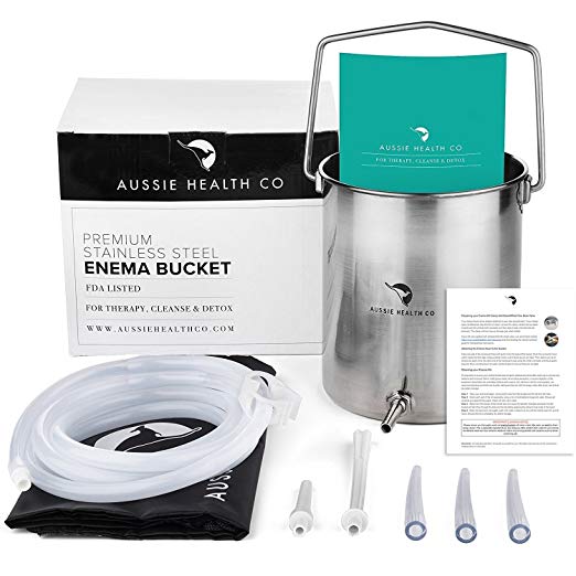 Aussie Health Co Non-Toxic Stainless Steel Enema Bucket Kit. 2.0 Litre. Phthalates & BPA-Free. Reusable for Home, Coffee, Water Colon Cleansing Detox Enemas. Includes Nozzle, Tips and Storage Bag