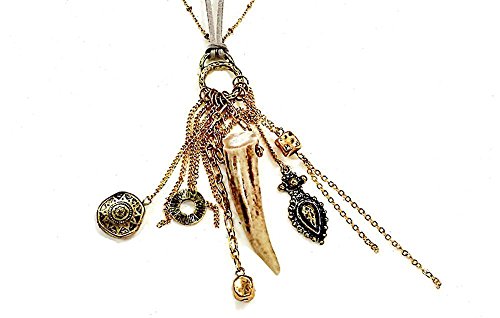 Long Bohemian Leather with Gold Chain Tassel Fringe Necklace - Natural Deer Antler Pendant - Charms
