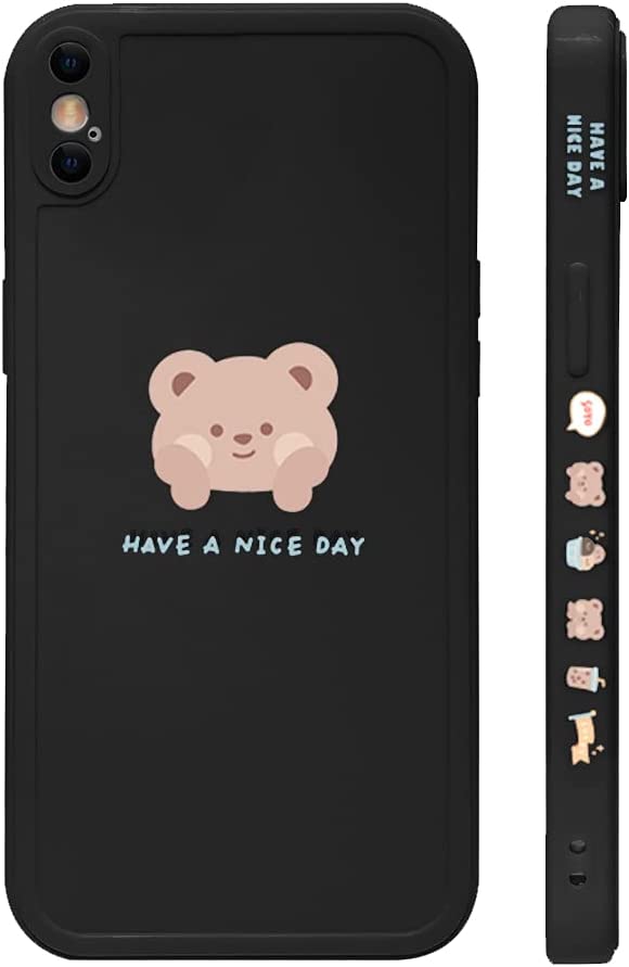 Ownest Compatible with iPhone X/XS Case Cute Painted Design Brown Bear with Cheeks for Women Girls Fashion Slim Soft Flexible TPU Rubber for iPhone X/XS-Black