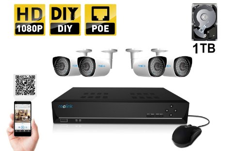 Reolink RLK44-210B4 4CH 1080P PoE NVR Home Security Camera System with 4pcs 1080P HD Outdoor Waterproof bullet IP Camera and 1TB HDD Night Vision 65-100ft internet remote access