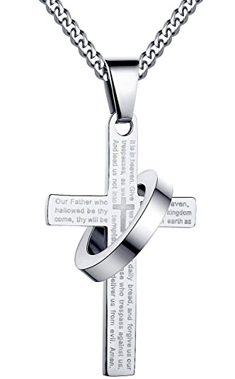 Stainless Steel Men's Cross W. Lord's Prayer in English and Halo Ring Pendant Necklace with 24" Curb Chain (Silver Color) G2005H1
