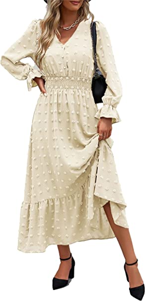 MASCOMODA Women Boho Maxi Dress Long Sleeve V Neck Swiss Dot Smocked High Waisted Button A-Line Ruffle Tiered Fall Long Dress