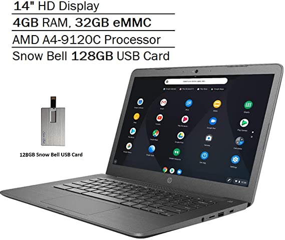 2020 HP 14" HD Display Chromebook, AMD A4-9120C CPU, 4GB RAM, 32GB eMMC, HD Webcam, Bang&Olufsen Audio, AMD Radeon R4 Graphics, Media Card Reader, USB-C, Chrome OS, Gray, 128GB Snow Bell USB Card