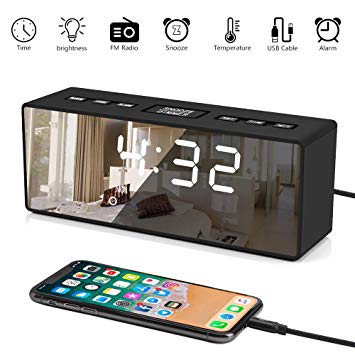 ieGeek Digital Alarm Clock with FM Radio, Bedside Alarm Clocks Mirror HD LED with 4 Display, 4 Adjustable Brightness, Dual Alarms & USB Port, 5-Minute Snooze Function Perfect for Bedroom, Office