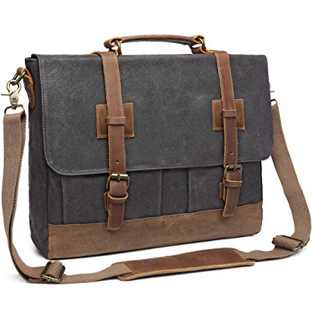Messenger Bag for Men 15.6 inch Waterproof Waxed Canvas Genuine Leather Briefcase Computer Laptop Bag Large Retro Satchel Shoulder Bag Grey
