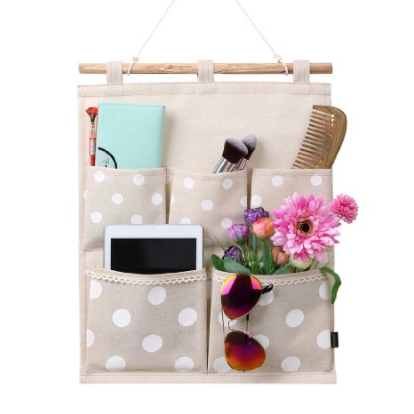 Home-Cube LinenCotton Fabric Wall Door Cloth Hanging Storage Bag Case 5 Pocket Home Organizer Gift white polka dots