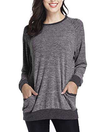Sunfung Women's Casual Long Sleeve Tops Round Neck Pocket Sweatshirts T Shirts Loose Long Tunic Blouse