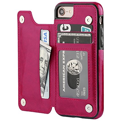 iPhone 8 Wallet Case with Card Holder,OT ONETOP iPhone 7 Case Wallet Premium PU Leather Kickstand Card Slots,Double Magnetic Clasp and Durable Shockproof Cover 4.7 Inch (iPhone 7/iPhone 8 Pink)