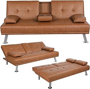 Yaheetech Modern Sofa Bed Faux Leather Sofa Convertible Folding Futon Couch with Armrest Home Recliner Home Furniture for Living Room Brown