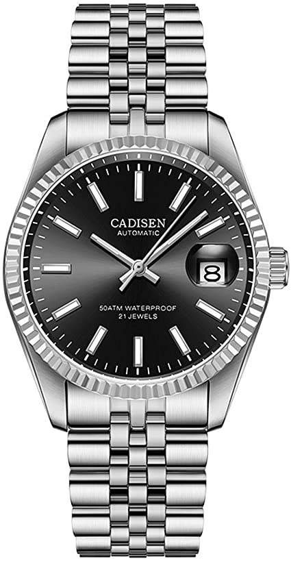 CADISEN Men Mechanical Watch Top Brand Luxury Automatic Watch Business Stainless Steel Waterproof Watch (Black)