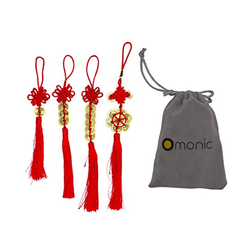 Omonic 4 Pcs Set Handmade Vintage Authentic Chinese Lucky Feng Shui Products FengShui Coins Hamsa Red String for Wealth Good Fortune and Success Home Decor