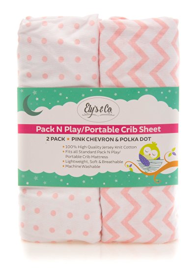 Pack N Play Portable Crib Sheet Set 100% Jersey Cotton for Baby Girl by Ely's & Co. - Pink Chevron and Polka Dot