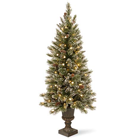 National Tree 4 Foot Glittery Bristle Pine Entrance Tree with White Tipped Cones, Glitter and 100 Clear LED Lights in Decorative Bronze Urn (GB3-326-40)