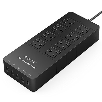 ORICO 8 Outlet Surge Protector Power Strip with 40W 5 Ports USB Charger (Black)