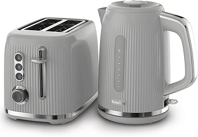 Breville Bold Grey Kettle and Toaster Set | with 1.7 Litre, 3KW Fast-Boil Electric Kettle and 2-Slice High-Lift Toaster | Grey and Silver Chrome [VKT222 and VTR002]