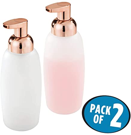 mDesign Set of 2 Foaming Soap Dispenser – Glass Soap Dispenser Pump – Refillable Soap Dispenser Ideal for Bathroom/Kitchen – Frost/Rose Gold