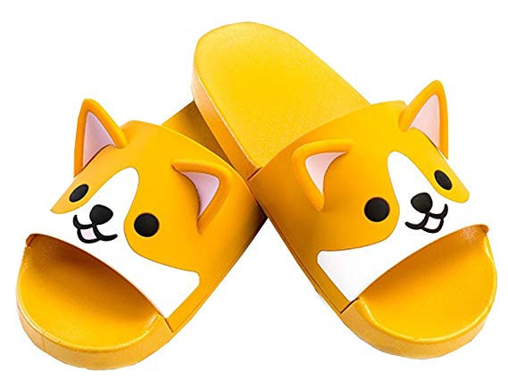 FUYU Women's Cute Cartoon Animal Ears Corgi Non-Slip Shower Sandals Bathroom Soft Slipper Husky Couples Shoes