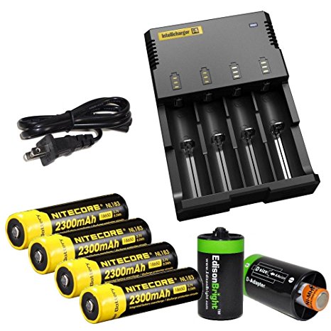 Nitecore Sysmax Intellicharge i4, Four Bays universal battery charger, Four Nitecore 18650 NL183 2300mAh rechargeable batteries with 2 X EdisonBright AA to D type battery spacer/converters