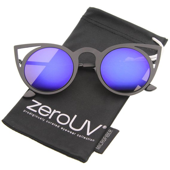 zeroUV - Womens Fashion Round Metal Cut-Out Flash Mirror Lens Cat Eye Sunglasses