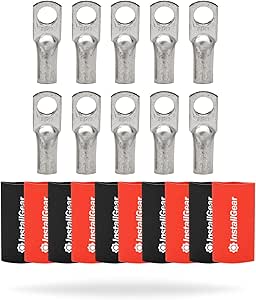 InstallGear 4 Gauge AWG Tinned Pure Copper Lugs Ring Terminals Connectors with Heat Shrink - 10-Pack